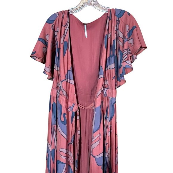 Free People Women Brick Tulip Sleeve Wrap Maxi Dress XS Boho Art Deco Pattern - Picture 6 of 9